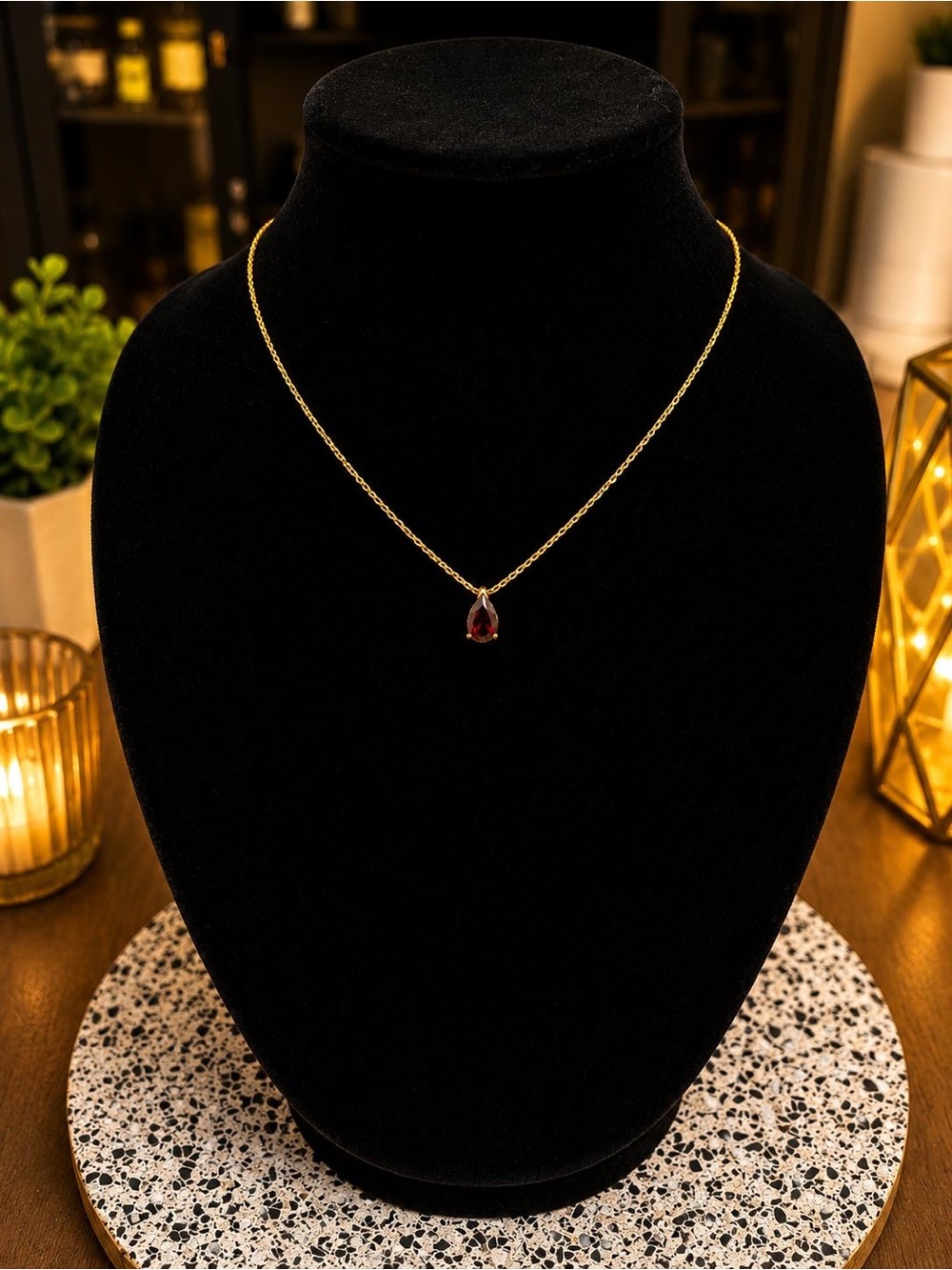 Gold Chain Necklace with Red Teardrop Pendant - Women Jewelry